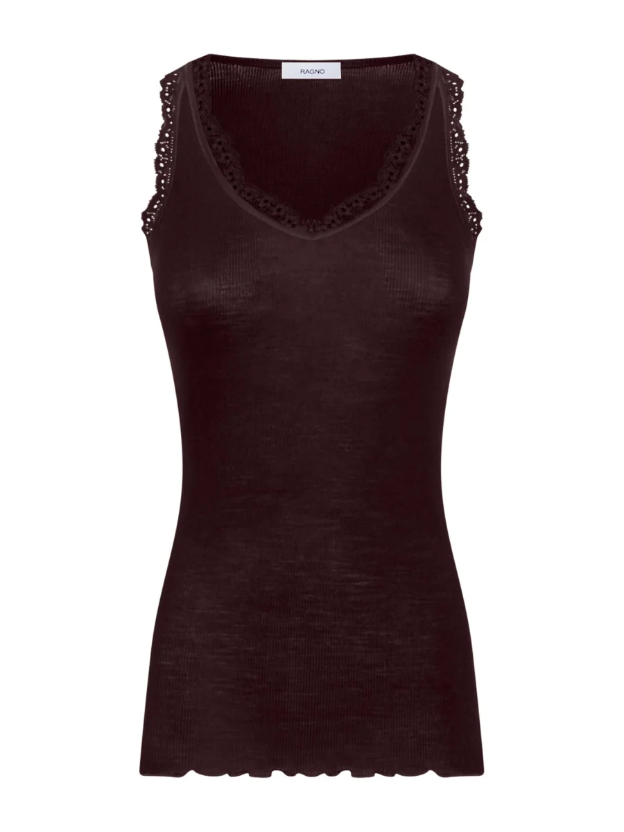 Merino Seta - Canottiera scollo a V in lana e seta con pizzo - Chocolate Torte
