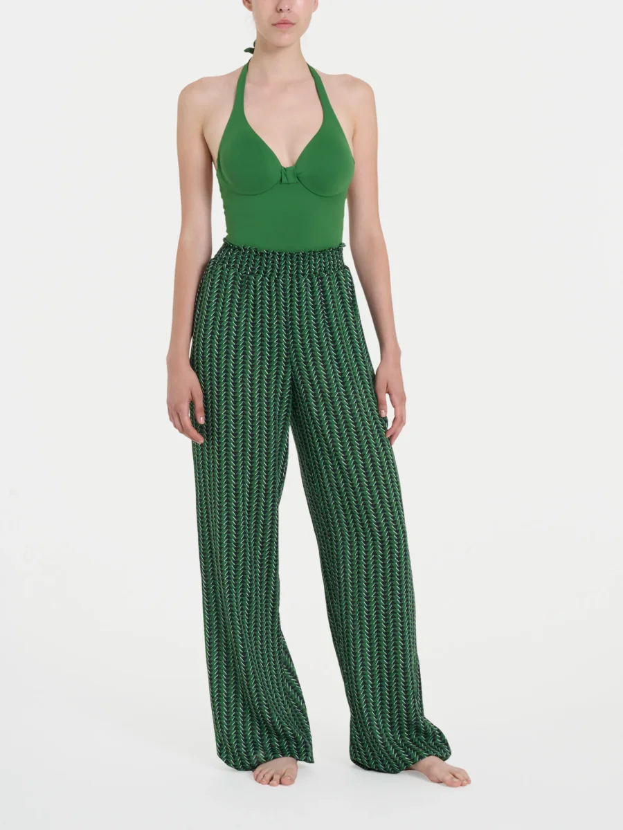 Pantalone ampio con arricciatura in fantasia in Ecoseta - Fant. Artichoke Green - immagine 5