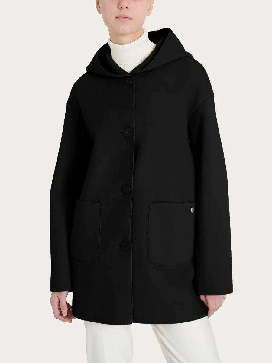 Giaccone con cappuccio in Vegan Wool - Nero
